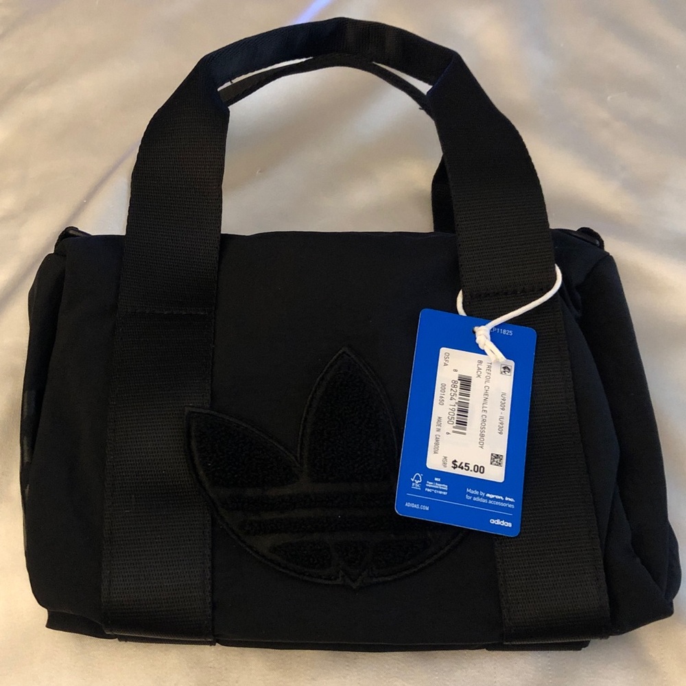 Adidas 100% Nylon Black Trefoil Chenille Crossbody Bag OS NWT